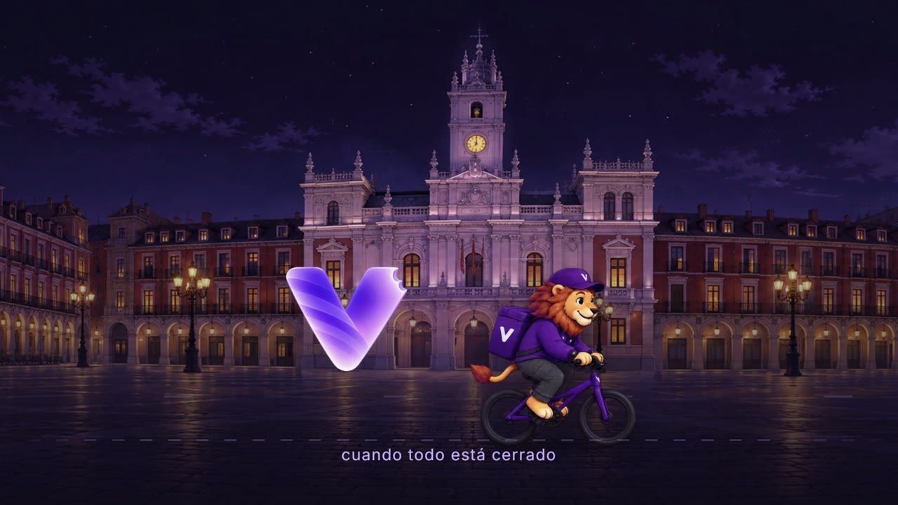 El león de Veat recorre la Plaza Mayor de Valladolid al anochecer